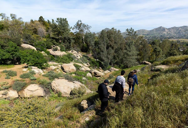 People walking in a rocky, grassy path in the Botanic Garden