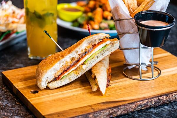 Sandwiches on a wooden platter
