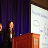 Closing keynote speaker, Yue Dong from UC Riverside's Computer Science and Engineering department, speaking at the podium.